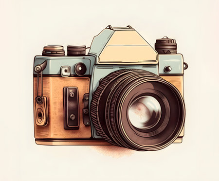 Retro camera in cartoon style isolated on white background. isolated object. Design element for postcard, notepad. Illustration in vintage technique for your design.の素材