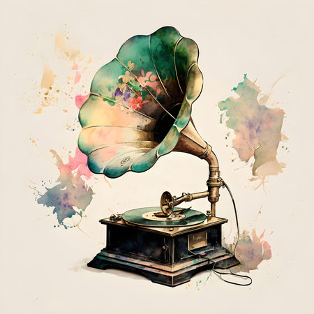 Wood Brown Vintage Style Gramophone Player watercolor art. vintage gramophone in watercolor technique, on a light background. Design element for notepad, t-shirts and other mockupsの素材