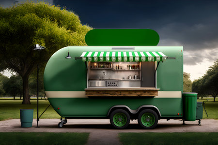 illustration. Green truck with street food in the park or in the city. Street food, snack in an urban environment. Mockup, copyspace. Summer holiday concept.の素材