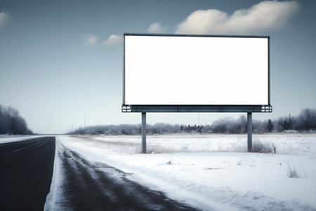 Large blank outdoor billboard template with white copy space for adding multiple company names and logos. The banner stands near the highway, the road. winter dayの素材