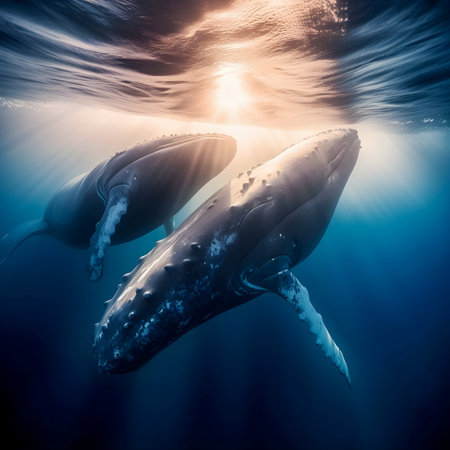 A Baby Humpback Whale Plays Near the Surface in Blue Water. Generative AI Content,の素材