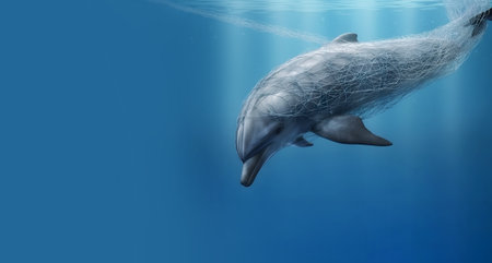 Dolphin entangled in a fishing net. network at sea. environmental protection and plastic awareness concept. Generative AI content,の素材