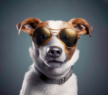 portrait of a dog in sunglasses, close-up on a dark background. Generative AI Content,の素材