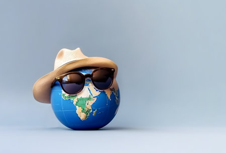 Planet earth in a hat and sunglasses on a blue background. ecological concept, global warming. Earth Day, Save planet earth. Generative AI content,の素材