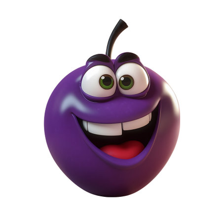 funny. Cartoon fruit character, happy plum, with face and eyes isolated on white background. fruit series. Generative AI content,の素材