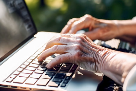 elderly man sitting at table at home laptop looking at shopping online credit card hold hand. credit card in hand, makes purchases, pays the bill, modern concept. Evening lighting. Generative AI content,の素材