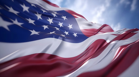 National waving flag of united states on pole against blue cloudless sky in daylight. Generative AI content,の素材