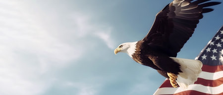 Long banner with copy space. Eagle with America flag flying free. July 4th, independence day. Generative AI content,の素材