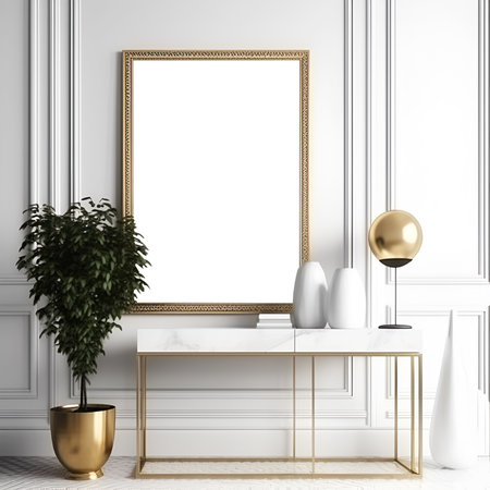 white frame mockup on marble table. Expensive interior. Modern ceramic vase with flowers and figurine. White wall background. copy and paste the white background for the poster. Generative AI Content,の素材