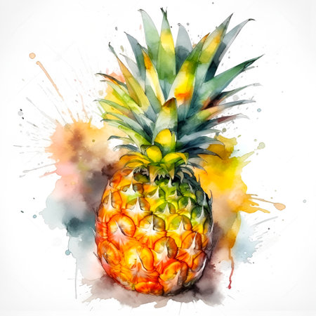 Hand drawn watercolor fruits isolated on white background of yellow pineapple, watercolor. sketch imageの素材