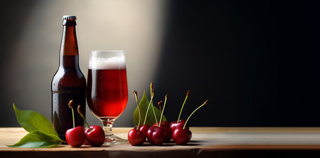 A glass with a cherry drink and a bottle on a dark background, ripe cherries lie nearby, copy space