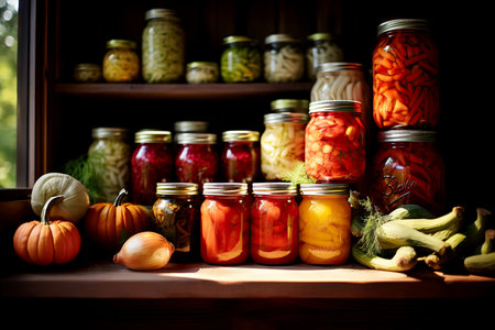 canning and fermentation of vegetables. Pickled cucumbers and tomatoes in jars in a bright kitchen near the windowの素材