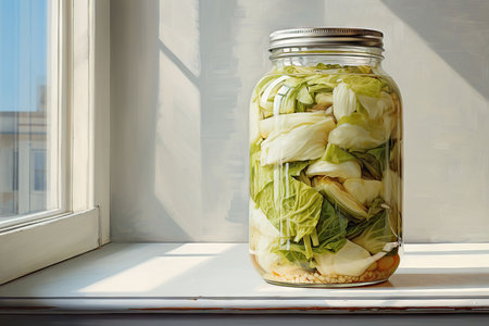 Kimchi in an isolated glass jar. Spicy kimchi, hot fermented napa cabbage, traditional jimchi, korean winter food kimchiの素材