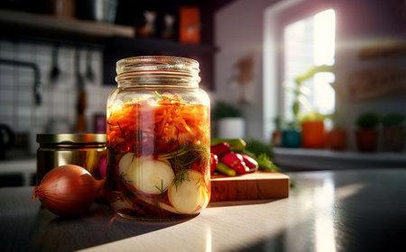 A jar of assorted salted fermented vegetables, carrots and garlic on a wooden table with a desaturated backgroundの素材