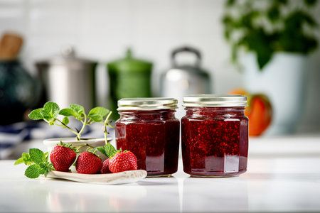 Raspberry jam with berries on a light background. Homemade raspberry jam. banner, menu, recipe.の素材