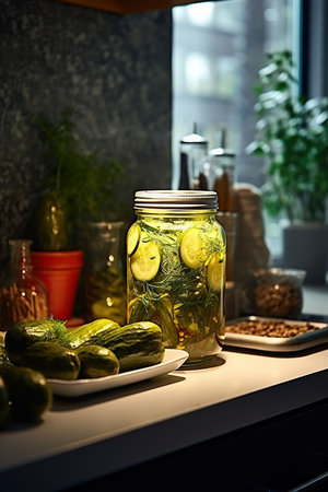 Jar with canned cucumbers, spices on a wooden board after cooking.の素材