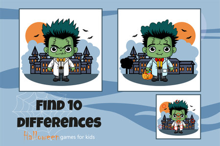 Find 10 differences, cute Frankinstein, Halloween party, Mini games for children. Mini games for preschoolers, developmental and educational games for kids. Black and whiteのイラスト素材