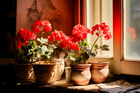 home plant red geranium in old clay pots on the windowsill in an old house. Side light from the window. The concept of an old dirty apartment, outdated housing. Flower in grandma's apartmentの素材