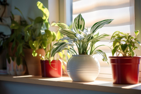 Various potted plants near the window of the house. Flowers and leaves in modern white pots on the windowsill in a modern office or apartment. Sunlight from the window. Growing and caring for house plantsの素材