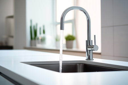 Kitchen water mixer. Water tap made of chrome material. Close-up. Water purification and filtration conceptの素材