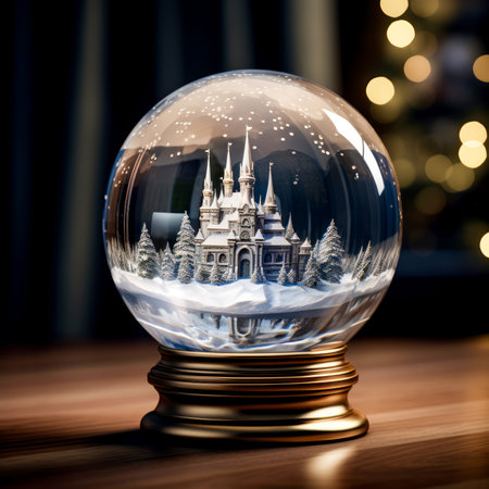 There is a blizzard, a winter landscape with a road and a blizzard, a spruce house, in a glass Christmas globe. The background is exquisite bokeh.の素材