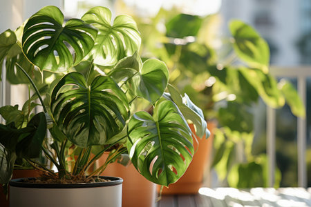 Home plants in white pots. Lighting - sunlight. Pots stand on the windowsill. Copy space for text.の素材