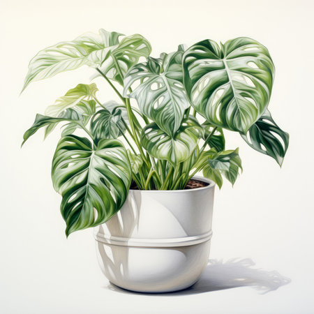 Monstera plant in white pot isolated on white background. Close up, isolated objectの素材