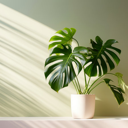 Home plants in white pots. Lighting - sunlight. Background white wall. Copy space for text.の素材
