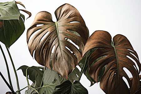 Withered monstera leaves, neglected ornamental plants, home plants, improper care.の素材