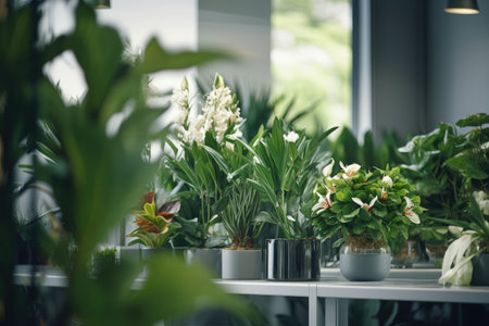 Home plants in white pots in the shop window. near the big window. Concept of plant careの素材
