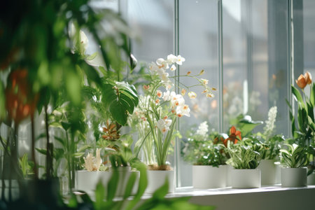 Flower shop window with flowers in pots and flowering plants. Large window against the city backgroundの素材