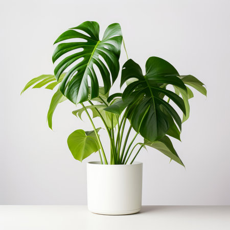 Monstera plant in white pot isolated on white background. Close up, isolated objectの素材