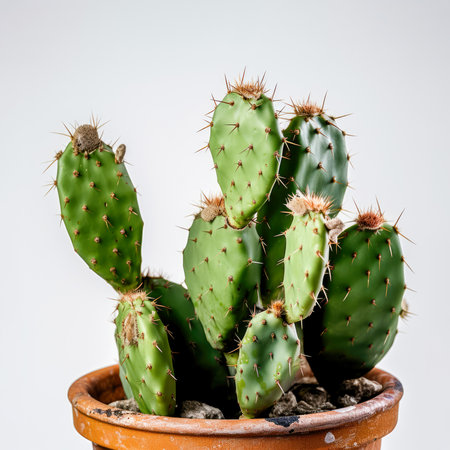 Beautiful big green cactus, dip in the pot, on a white backgroundの素材
