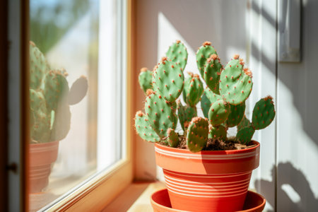 Cactus in the pot on the windowsill. . Houseplant. Sunlight from the windowの素材