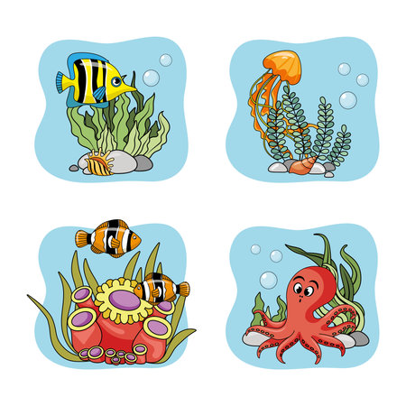 Sea creatures on the seabed. Depicted fish, octopus in corals and algae. Seafloor with algae, shells and coralsのイラスト素材