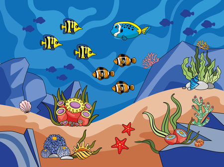 Underwater world scene, ocean floor marine life background. Undersea with corals and seaweed, sea bottom, seabed vector illustrationのイラスト素材