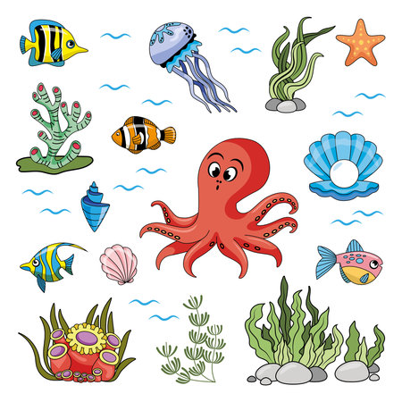a set of sea creatures in cartoon style. Fish, ocean, shells, algae and corals. Color illustration for children books and activist booksのイラスト素材