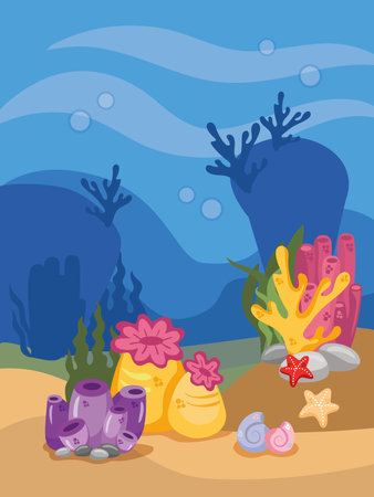 Underwater world scene, ocean floor marine life background. Undersea with corals and seaweed, sea bottom, seabed, illustrationのイラスト素材
