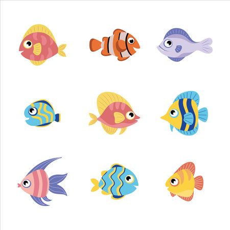 Colorful sea fish with seaweeds on sea bottom. Seafloor with algae, shells and corals. Sea bottom with algae, shells and coralsのイラスト素材
