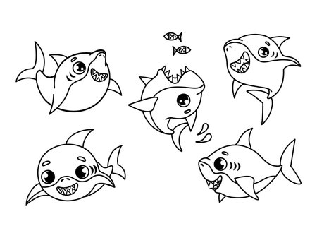 Set of sharks. Cartoon characters for illustration. Black and white style. Children book illustrationのイラスト素材