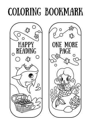 Bookmarks for children books. Illustration of a shark, mermaid at the bottom of the ocean. black and white graphics, line styleのイラスト素材