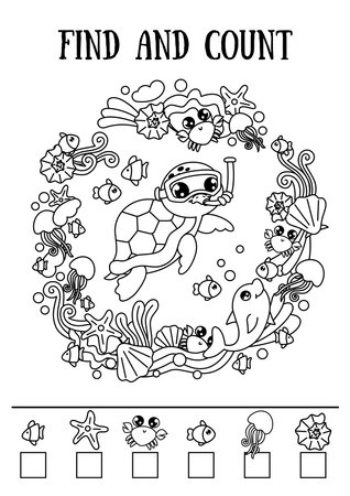 Mini game for children, find and count. Marine illustration with turtle and other sea animals. Black and white illustration.のイラスト素材