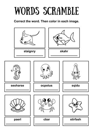 Mini-game for children. words scramble. Put the letters in the right order, write the words correctly.のイラスト素材