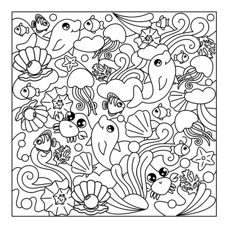 Mini-game for children. Coloring book for children. Marine animals. Cartoon style. Black and whiteのイラスト素材