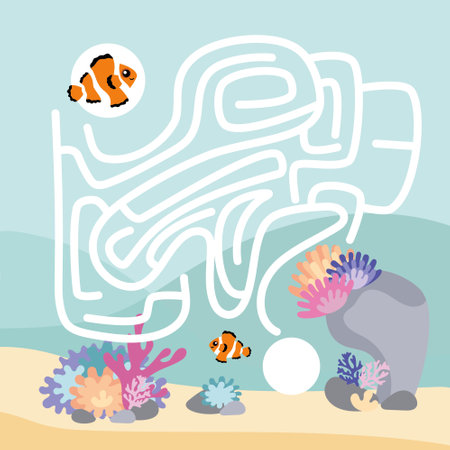 Mini game for kids. Maze, help the fish-clown get to his cabin, coral reef on the seabed.のイラスト素材