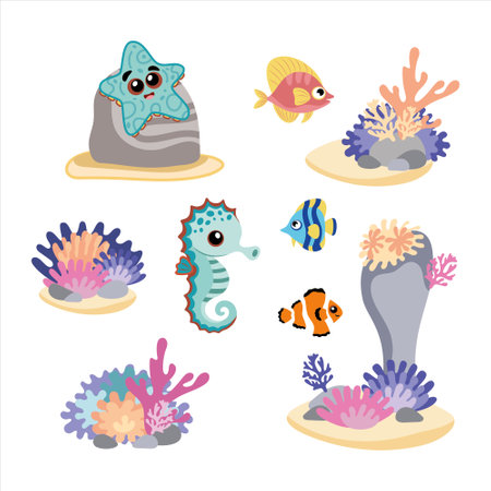 Sea set, coral reef, fish, sea horse, crab and bottom fish. Cartoon characters for children book.のイラスト素材