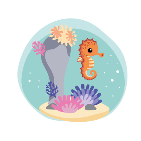 seahorse. Isolated octopus on a white background, sea bottom. Color illustration in the style of cartoon. Sea bottom with algae, shells and coralsのイラスト素材