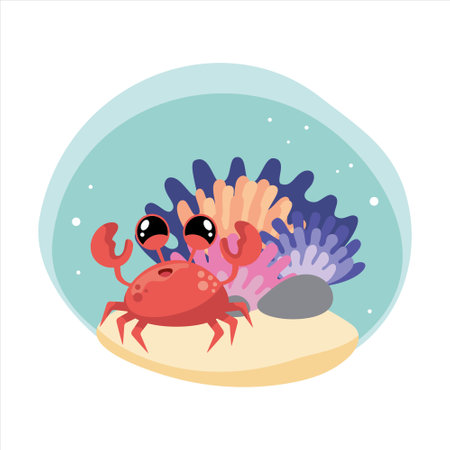 Illustration of coral reef, crab. Color pictures for children books. Isolated object. cartoon characterのイラスト素材