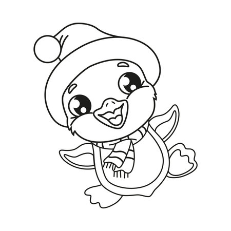 Cute cartoon penguin character on white background in red hat and scarf. Isolated object on white background. Black and white graphicsのイラスト素材