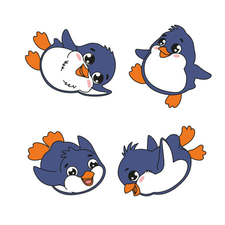 Cartoon penguin in different positions. Set of the character on white background. Cute animals icons set.のイラスト素材